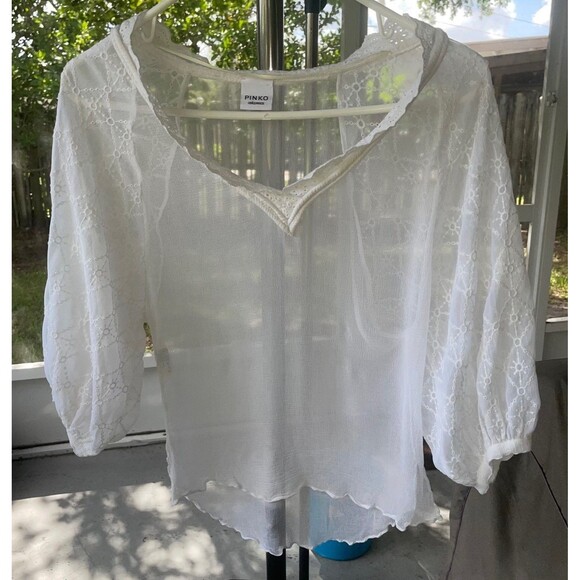 Pinko Sz 4 SMALL Puff Sleeve Lace  Sheer Delicate White Blouse Balletcore Soft - Picture 6 of 9